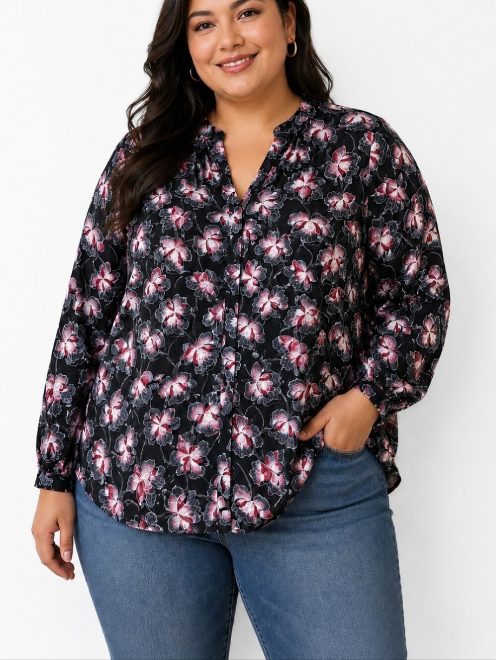 Alfani~18W/20W~Black Floral Printed Surplice-Neck Spot Bloom Red/White Shirt NWT